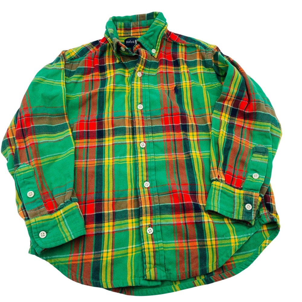 Ralph Lauren Boys Plaid Flannel Button Up Shirt Long Sleeve Green Preppy Size‎ 5